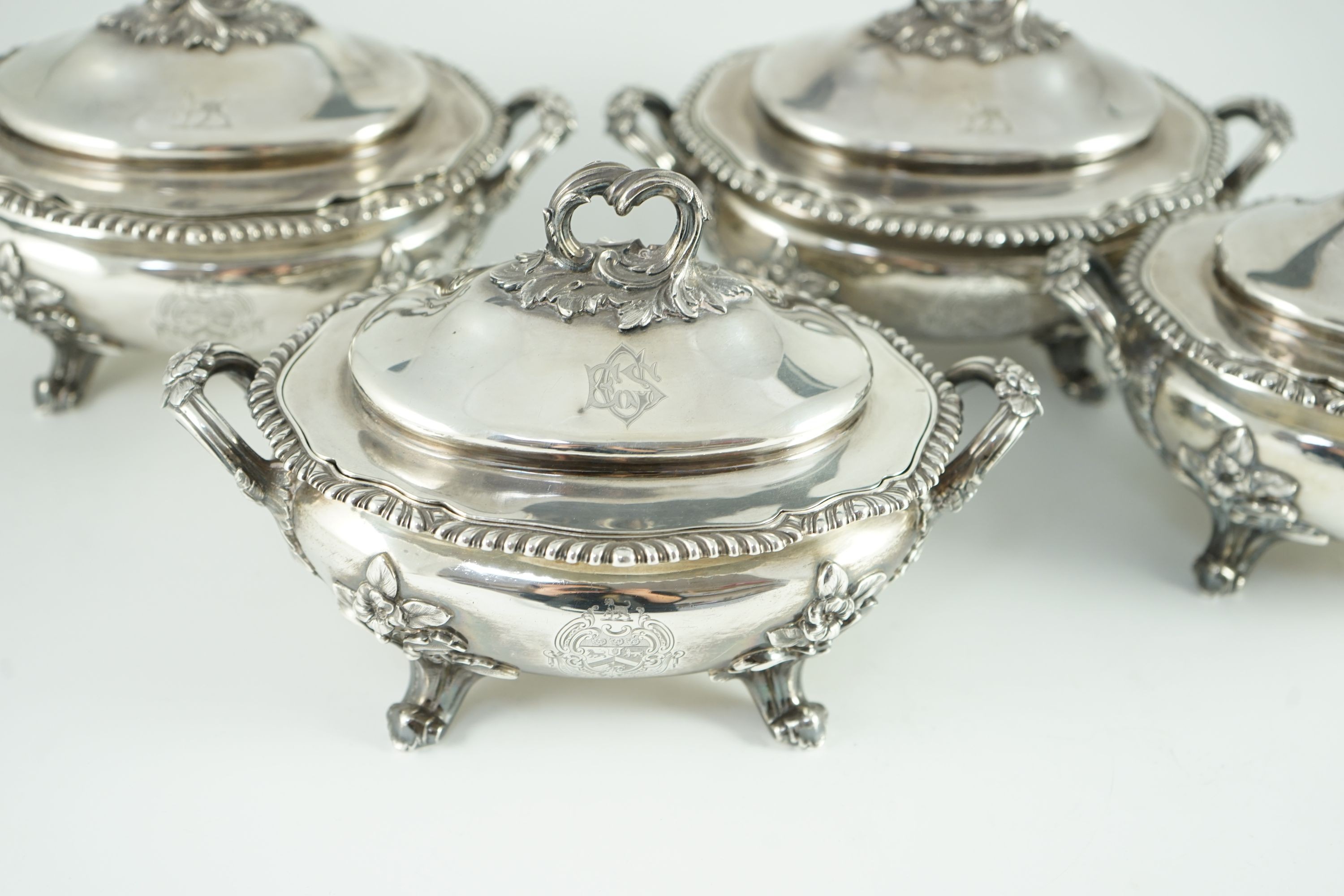 A good set of four Victorian silver two handled oval sauce tureens and covers, by Edward & John Barnard